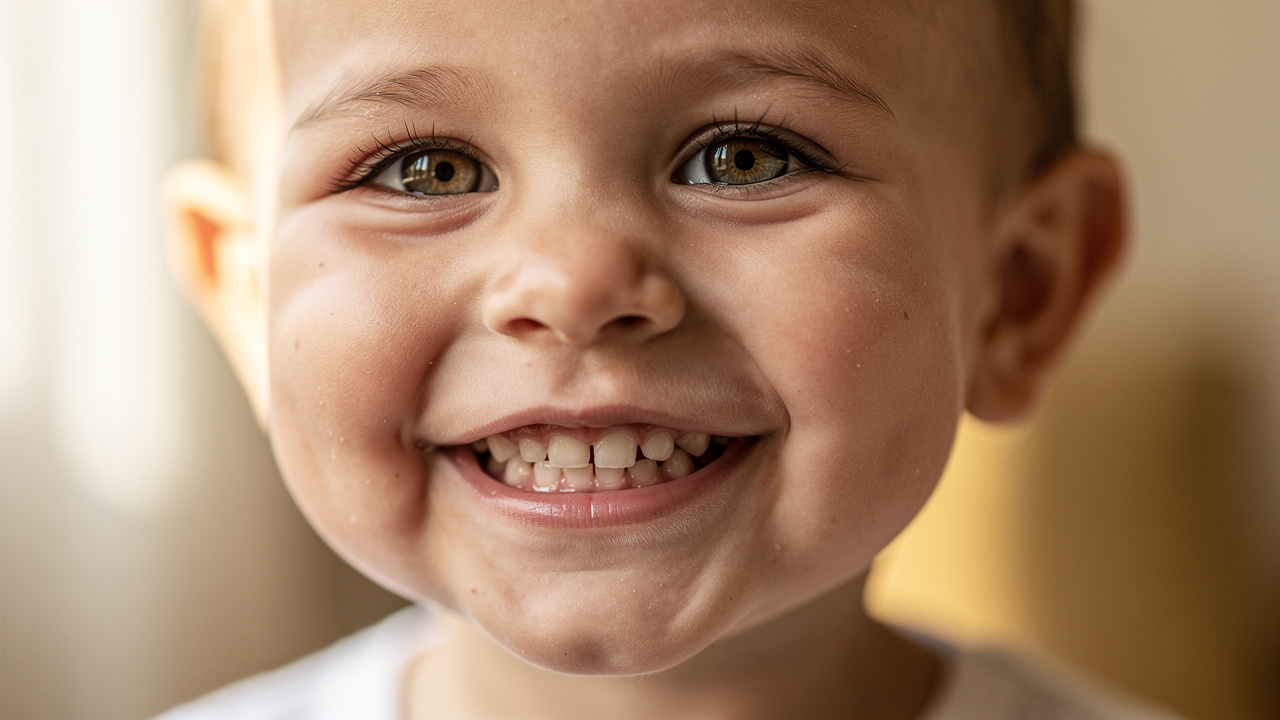 Happy toddler with healthy baby teeth