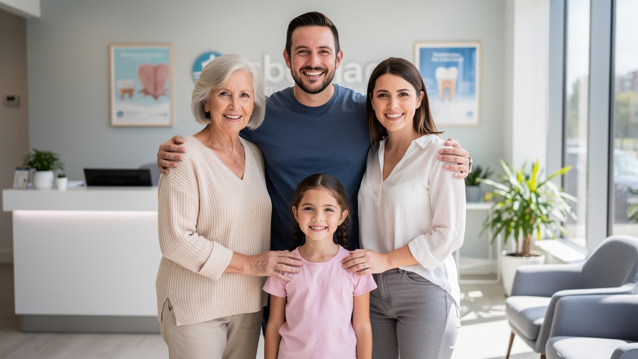 Multi-generational family at dental practice together