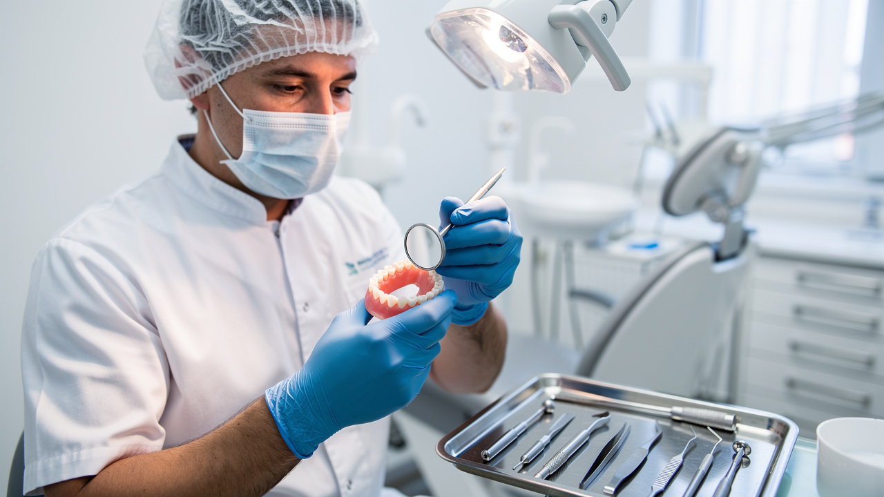 Dentist examining dentures during maintenance checkup