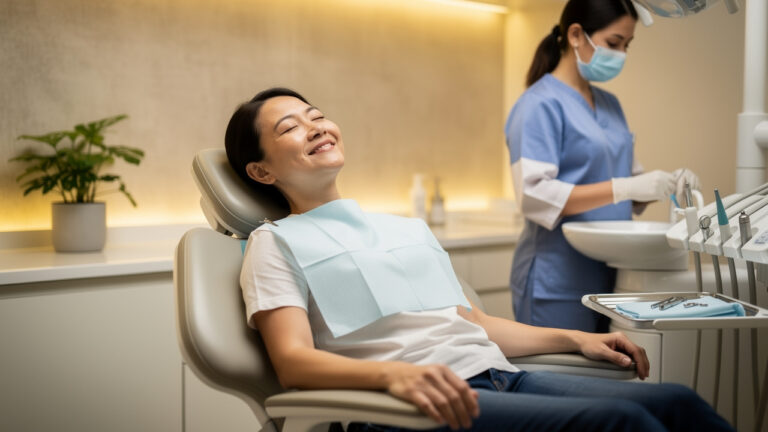 Calm relaxed patient smiling during anxiety-free dental visit