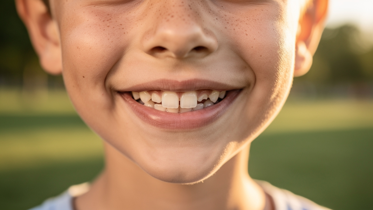Child showing confident healthy smile outdoors